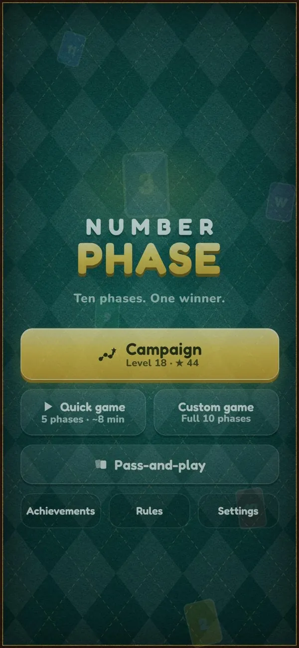 Home screen with Campaign, Quick game, Custom game and Pass-and-play buttons on argyle felt