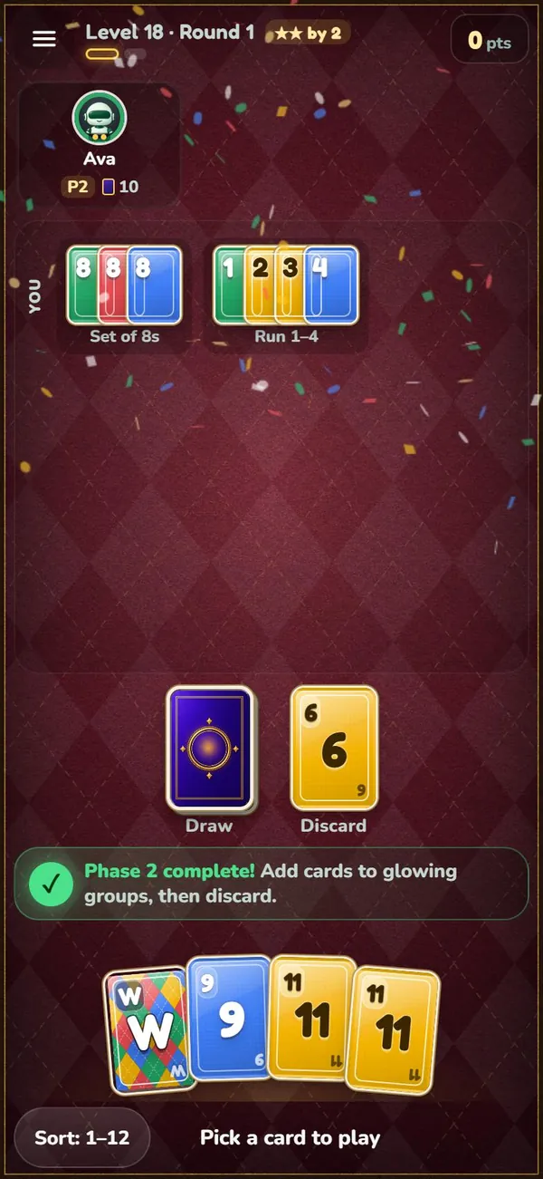 Confetti over a freshly laid set of 8s and run of 1 to 4, with Phase 2 complete