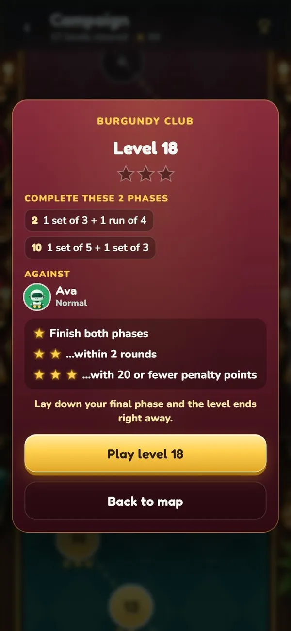 Level 18 card: complete phases 2 and 10 against Ava, with three star goals
