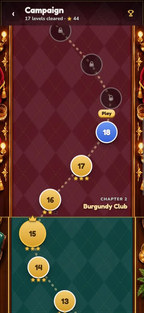 Campaign map moving from the Teal Lounge into the Burgundy Club, levels 13 to 17 starred and level 18 ready to play
